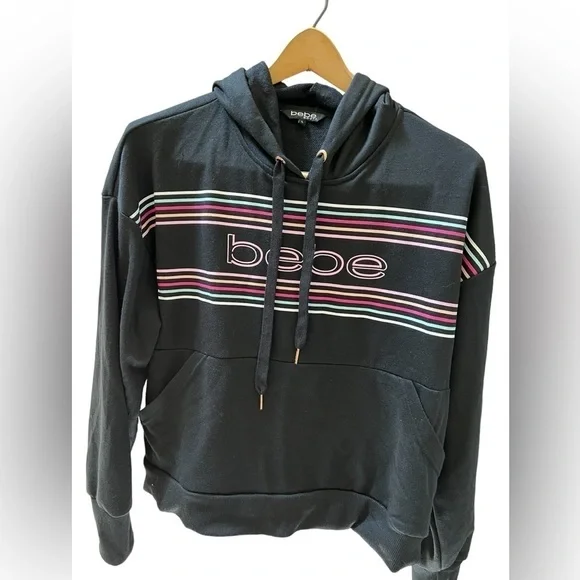 NWT Bebe black hoodie with colorful stripes size L - Picture 2 of 10